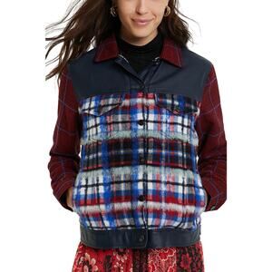 Desigual Women's Jacket Size Small Red Ingrid Trucker Jacket Tartan Plaid